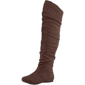 Women's Brown Polyurethane (PU) Knee High Pointed Toe Low Heel Western Boots
